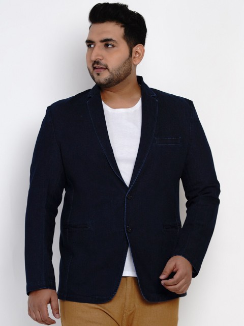 

John Pride Men Navy Blue Solid Denim Blazer