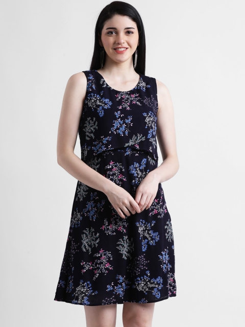

Zink London Women Navy Blue Floral Printed Fit and Flare Dress