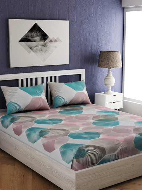 

EverHOME Off-White & Teal Green Geometric Printed 300 TC Cotton 1 King Bedsheet With 2 Pillow Covers