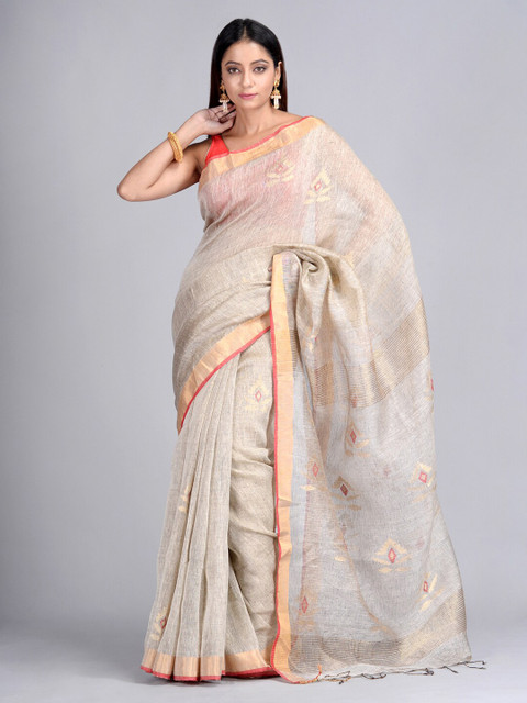 

Mitera Cream-Coloured Pure Linen Woven Design Taant Saree