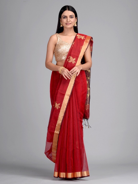

Mitera Maroon & Gold-Toned Silk Blend Woven Design Taant Saree
