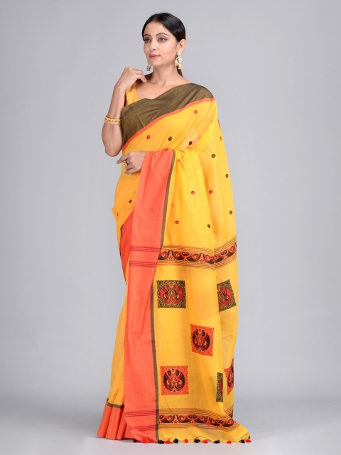 

Mitera Yellow Pure Cotton Printed Taant Saree
