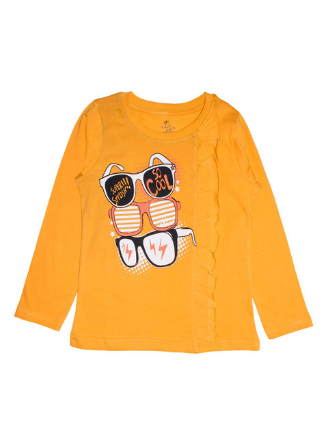 

KiddoPanti Girls Yellow Printed Round Neck T-shirt