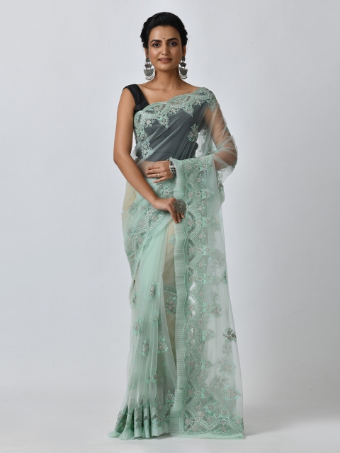 

RANGOLI Sea Green Printed Net Saree