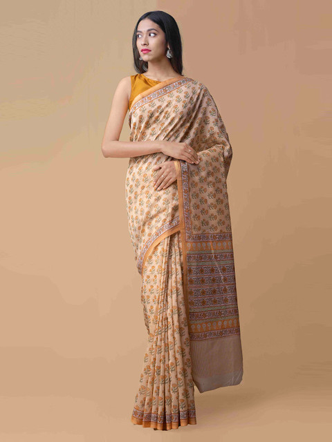 

Unnati Silks Orange Silk Cotton Printed Chanderi Saree