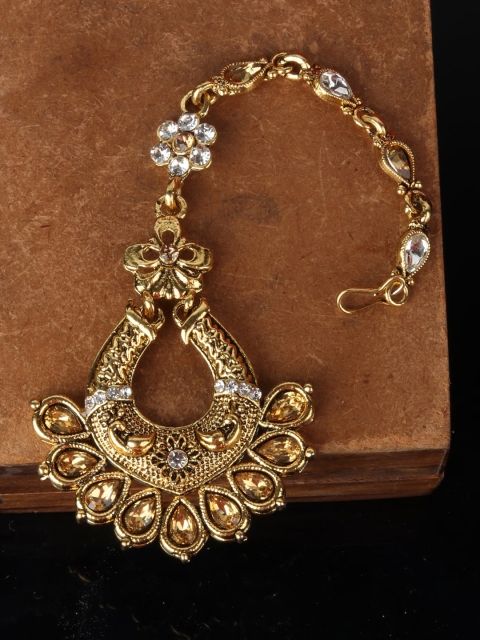 

ANIKAS CREATION Gold-Plated Tan-Brown & White Kundan-Studded Vilandi Maang Tikka