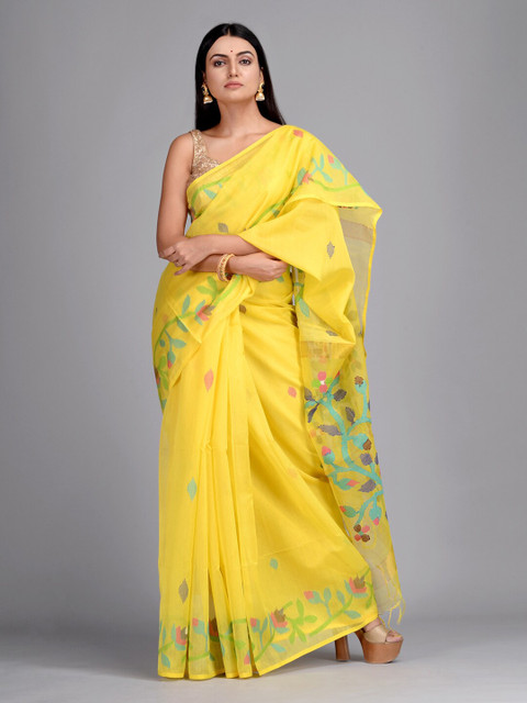 

Mitera Yellow Silk Blend Woven Design Taant Saree