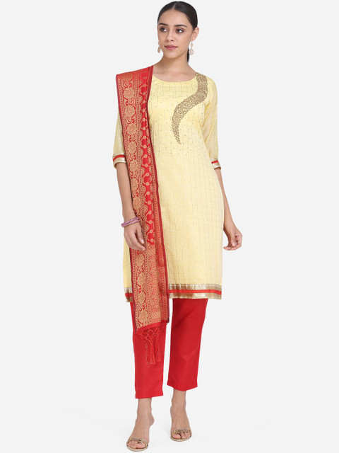 

Ethnic Junction Yellow & Red Silk Blend Unstitched Dress Material