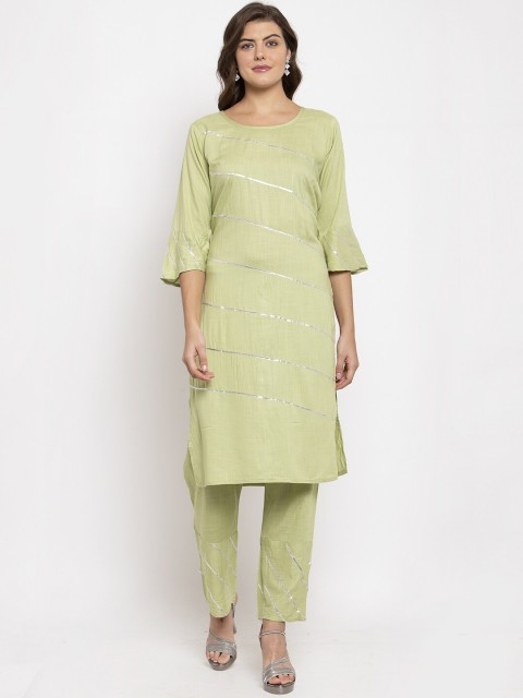 

SOUNDARYA Women Lime Green Striped Kurta with Trousers