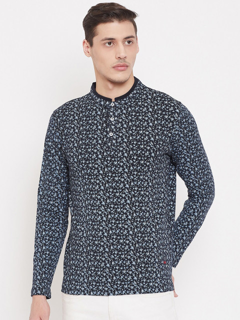 

Crimsoune Club Men Navy Blue Printed Mandarin Collar T-shirt
