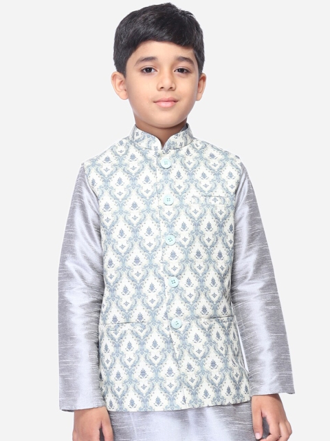 

NAMASKAR Boys Cream-Coloured & Blue Woven-Design Nehru Jacket, White