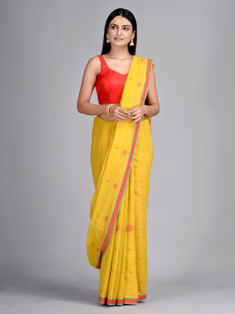 

Mitera Yellow Pure Cotton Printed Taant Saree