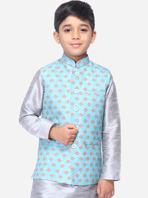 

NAMASKAR Boys Blue & Pink Printed Woven Nehru Jacket