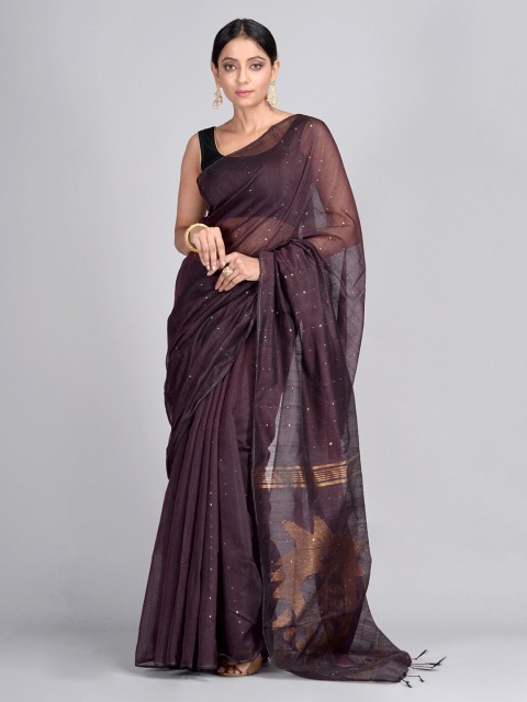 

Mitera Brown Cotton Blend Woven Design Taant Saree
