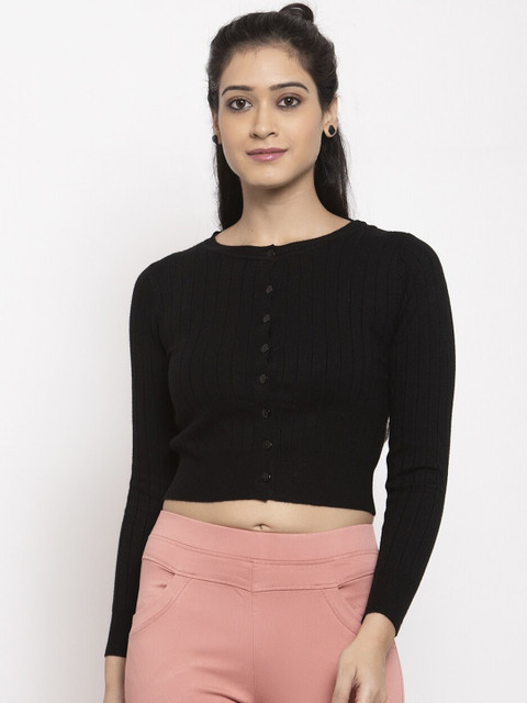 

Global Republic Women Black Solid Ribbed Crop Cardigan