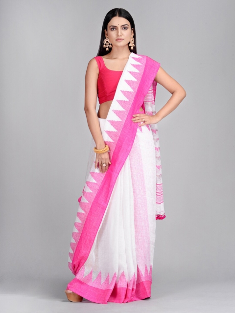

Mitera White & Pink Pure Linen Handwoven Design Taant Saree