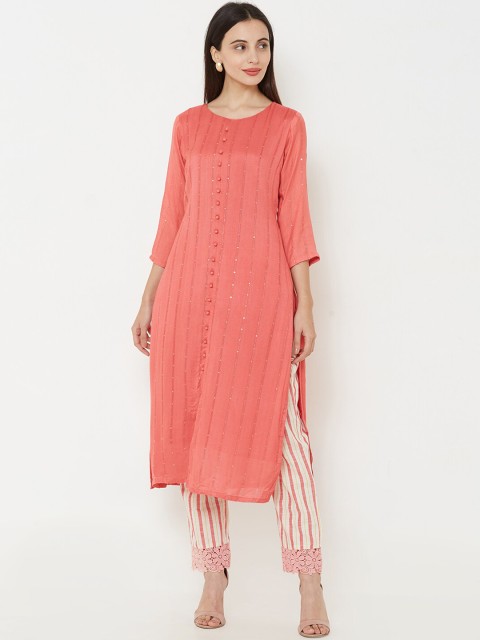 

FASHOR Women Peach-Coloured & Off-White Striped Kurta with Churidar & Dupatta