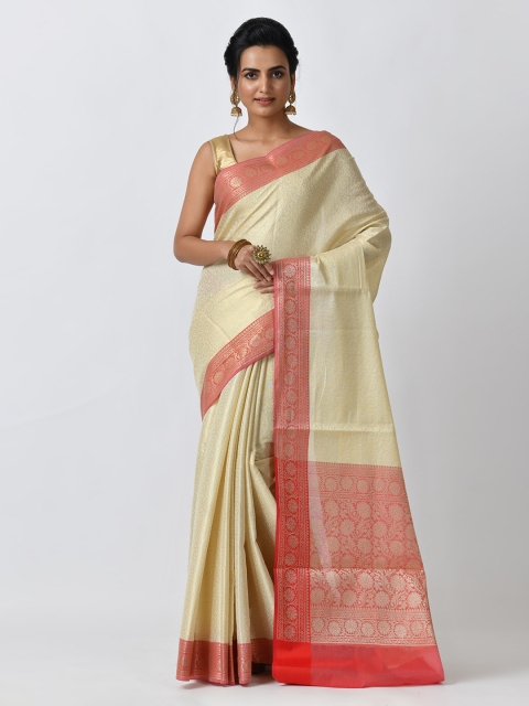 

RANGOLI Off-White & Red Pure Cotton Woven Design Saree