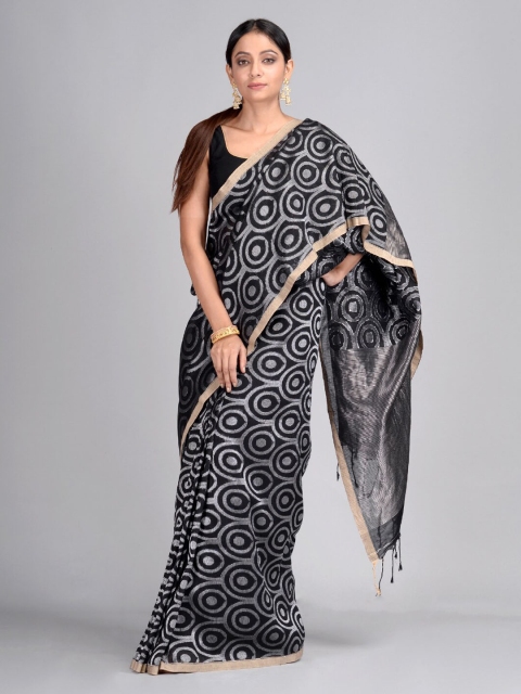 

Mitera Black & White Linen Blend Woven Design Taant Saree