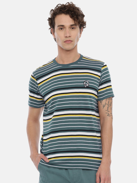 

Breakbounce Men Green Striped Round Neck Pure Cotton T-shirt