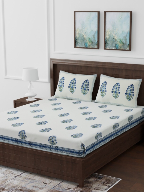 

Gulaab Jaipur White & Blue Ethnic Motifs 350 TC Double King Bedsheet With 2 Pillow Covers