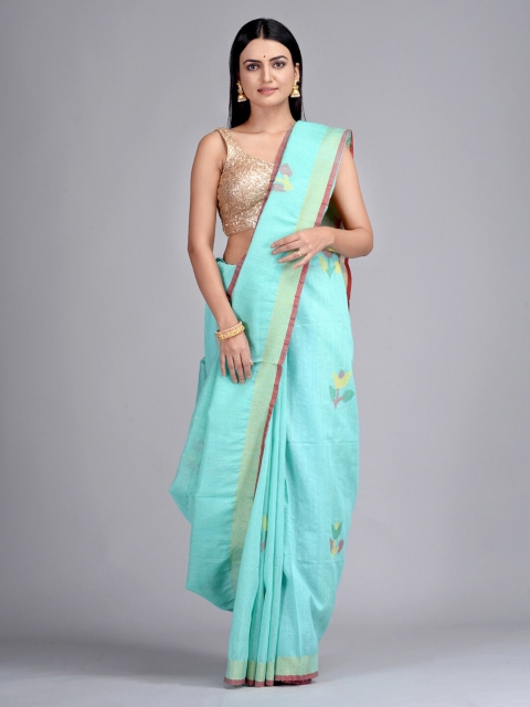 

Mitera Turquoise Blue & Yellow Silk Blend Woven Design Taant Saree