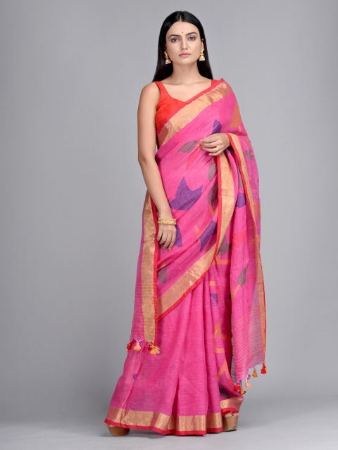 

Mitera Pink Pure Linen Printed Taant Saree