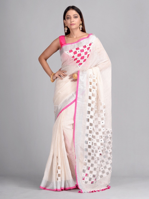 

Mitera White Pure Linen Checked Taant Saree