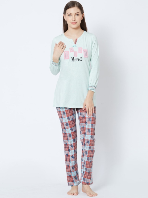 

Sweet Dreams Women Blue & Rust Red Printed Night Suit