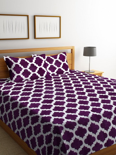 

KLOTTHE Purple & White Woven-Design Sustainable Double Bed Cover With 2 Pillow Covers