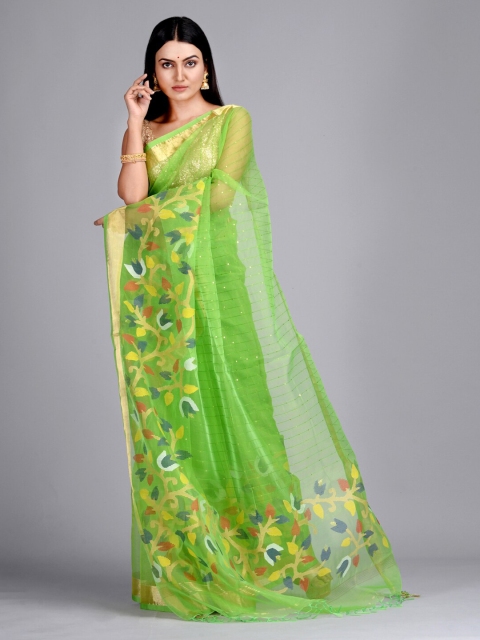 

Mitera Green Silk Blend Embellished Taant Saree