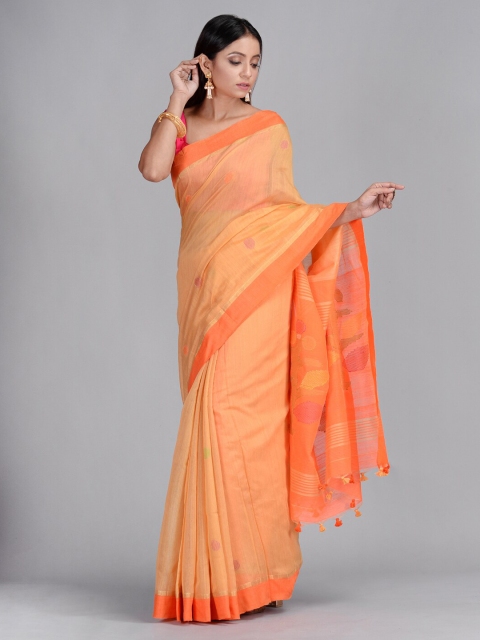

Mitera Orange Cotton Blend Solid Handloom Taant Saree