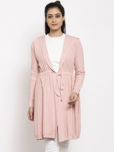 

Global Republic Women Pink Stripe Patterned Hooded Longline Open Front Shrug