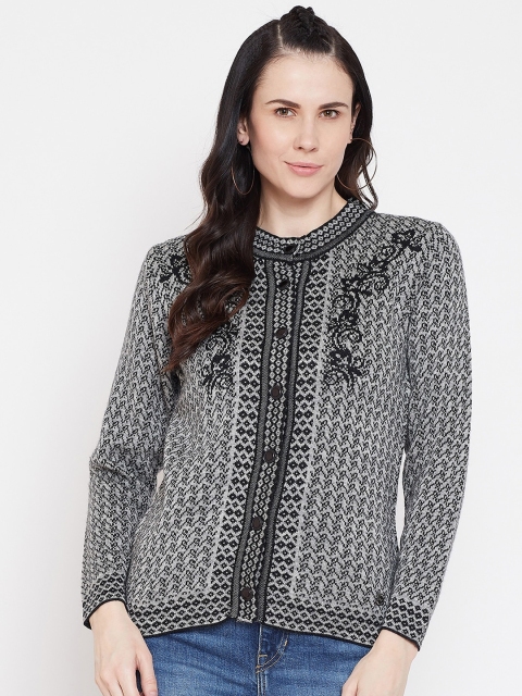 

NEVA Women Grey & Black Self-Design Cardigan