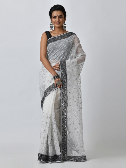 

RANGOLI Off-White & Grey Pure Cotton Embroidered Saree