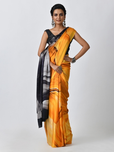 

RANGOLI Mustard Yellow & Grey Satin Printed Saree