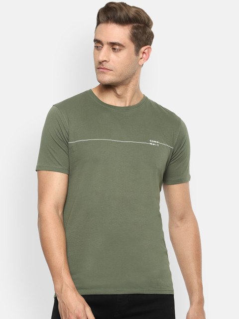 

V Dot Men Olive Green Solid Round Neck T-shirt