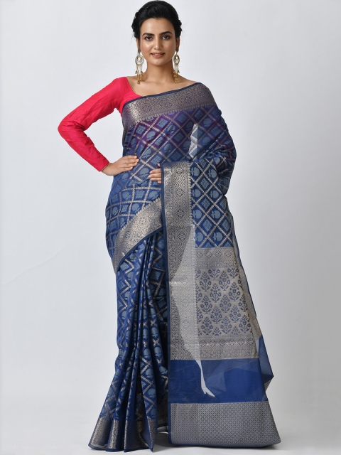 

RANGOLI Navy Blue Woven Design Pure Cotton Saree