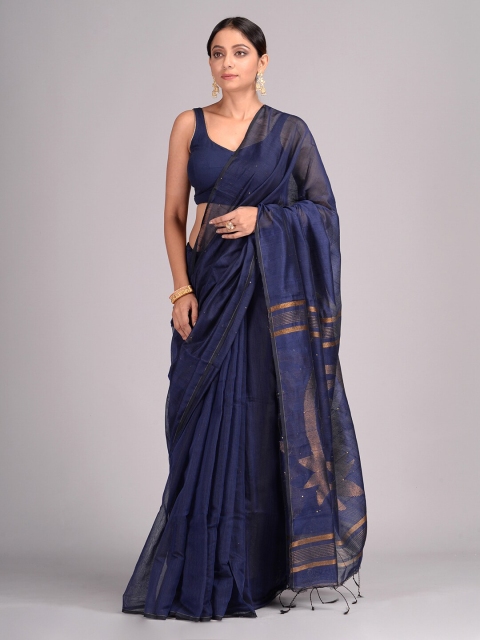 

Mitera Navy Blue Cotton Blend Woven Design Taant Saree