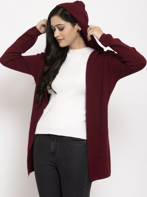 

Global Republic Women Maroon Solid Hooded Front Open Cardigan