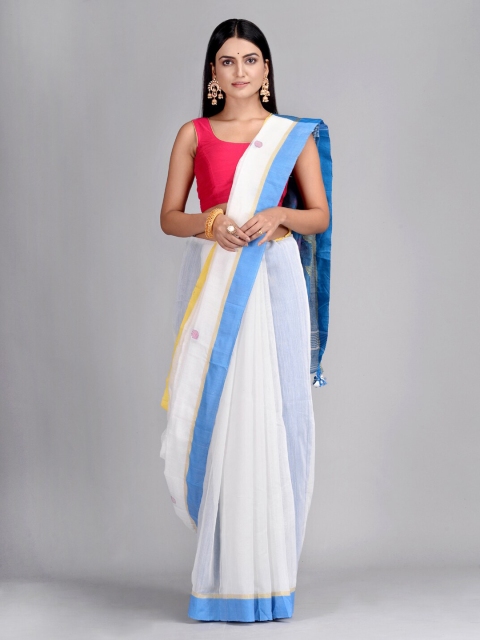 

Mitera White Cotton Blend Solid Taant Saree