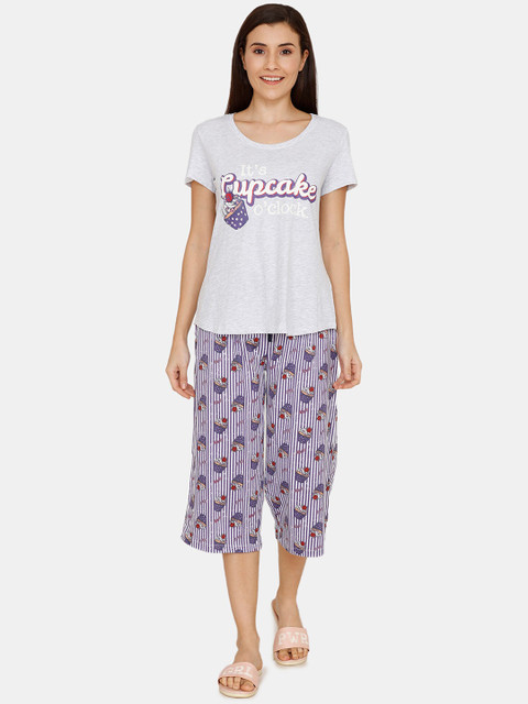 

Zivame Women Grey Melange & Purple Printed Night Suit