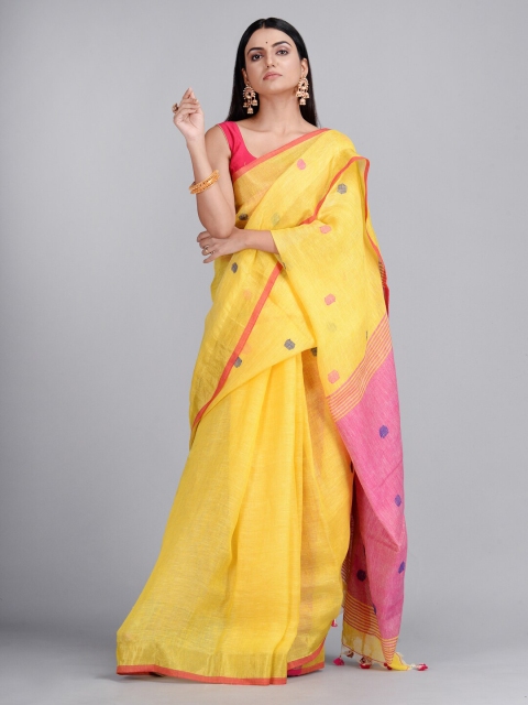 

Mitera Yellow & Pink Pure Linen Printed Taant Saree