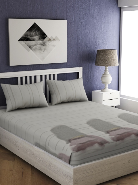 

EverHOME White & Grey Printed 300 TC Bedsheet with Pillow Covers