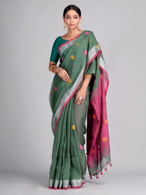 

Mitera Green & Pink Pure Linen Solid Taant Saree
