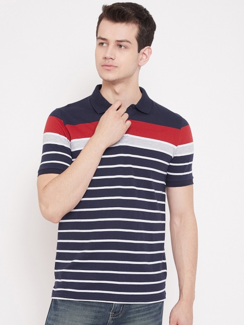 

Austin wood Men Navy Blue & White Striped Polo Collar T-shirt