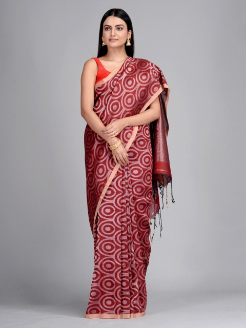 

Mitera Maroon & White Linen Blend Woven Design Taant Saree