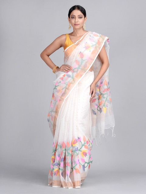 

Mitera White & Pink Silk Blend Woven Design Taant Saree