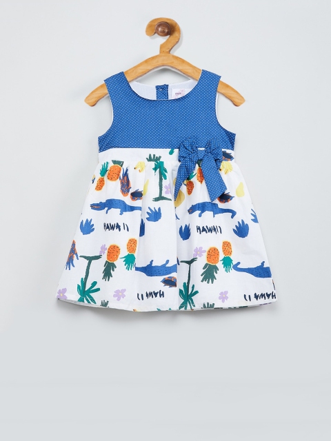 

max Girls White & Blue Printed Fit and Flare Dress