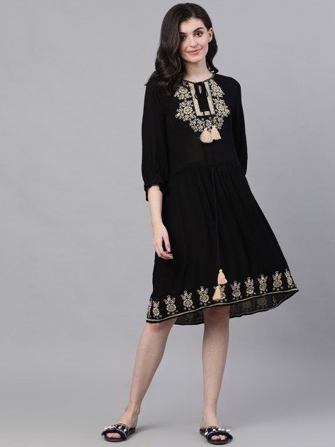 

Ishin Women Black Embroidered A-Line Dress